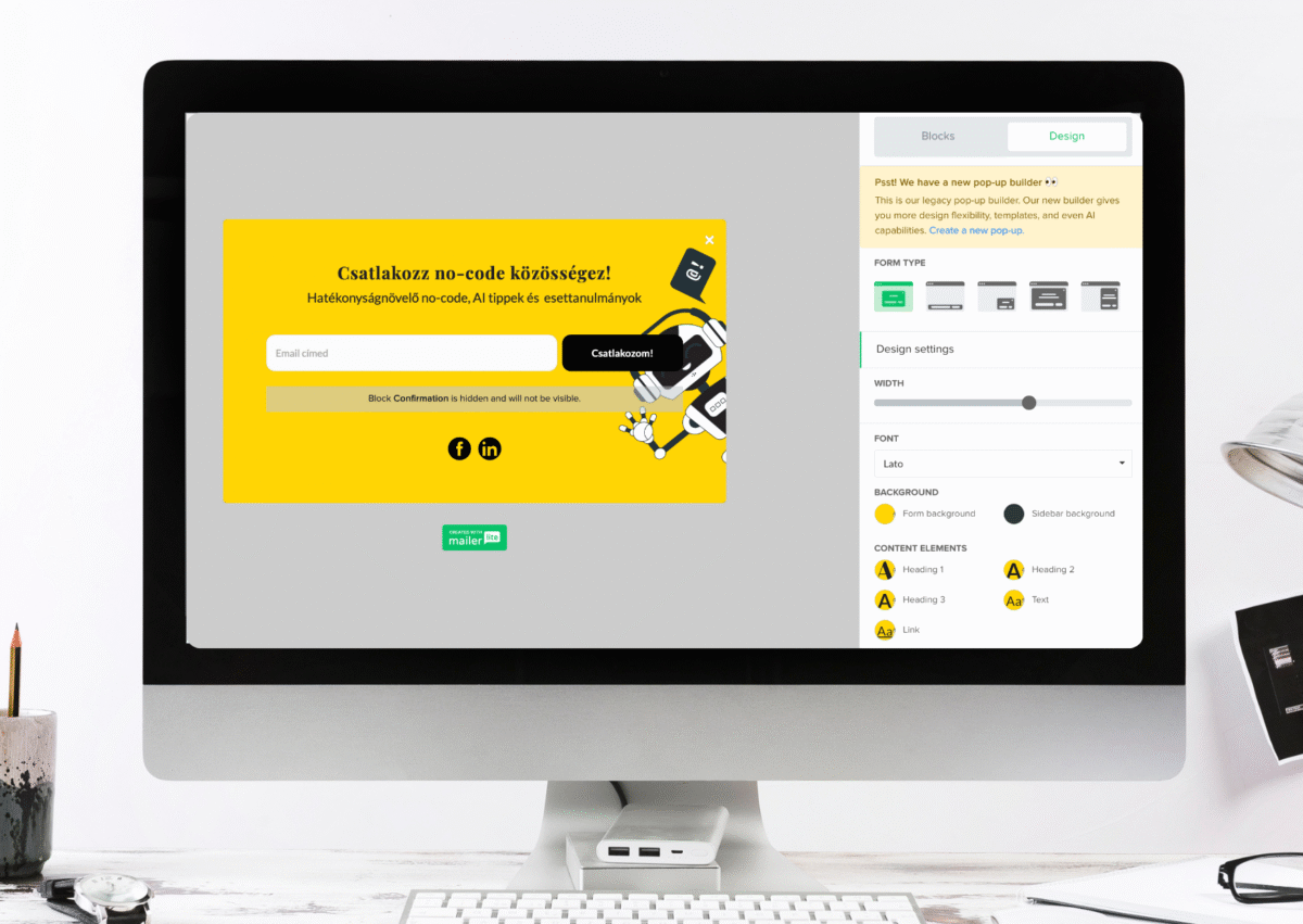 MailerLite popup szerkesztés